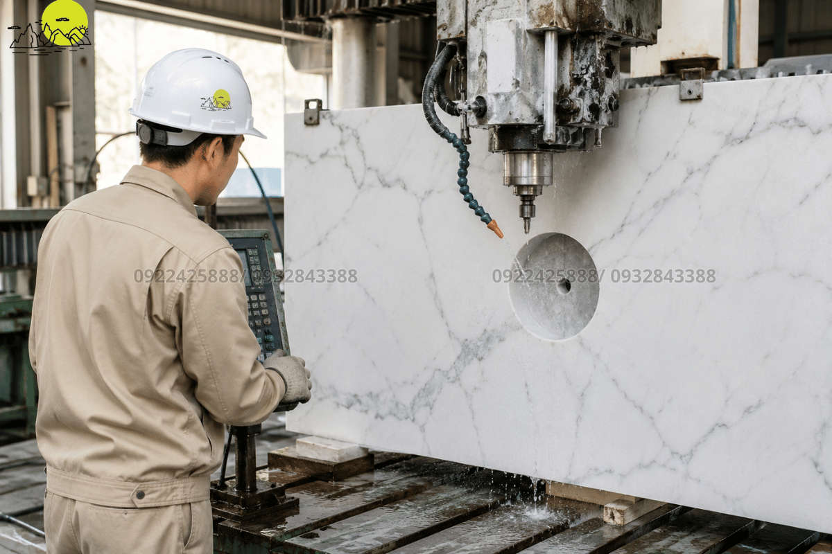 Công nghệ máy CNC tự động khoét sẵn các lỗ kỹ thuật vòi sen trên tấm đá ốp tường