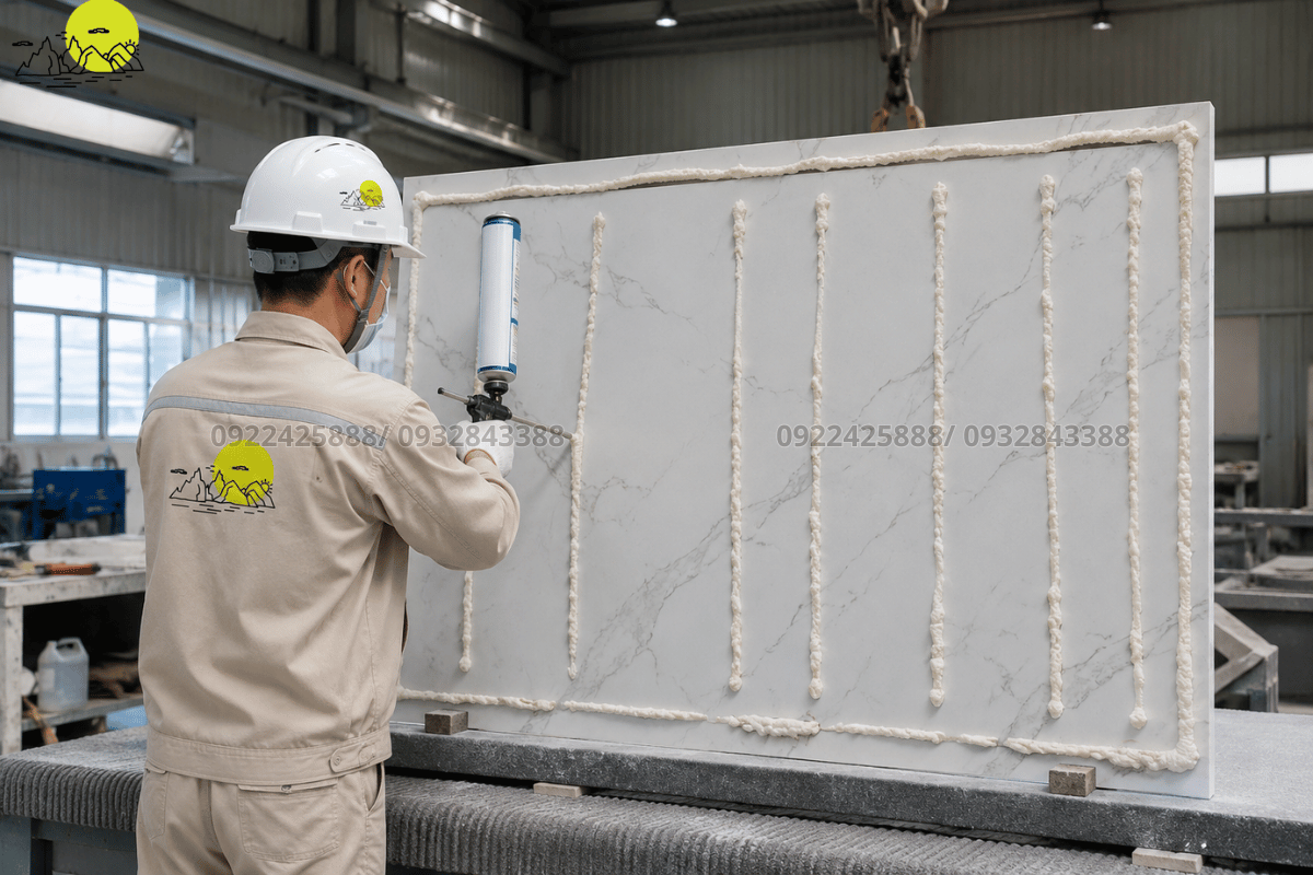 Thợ kỹ thuật tiến hành bơm keo bọt cố định mặt sau tấm vách ngăn đá chịu lực