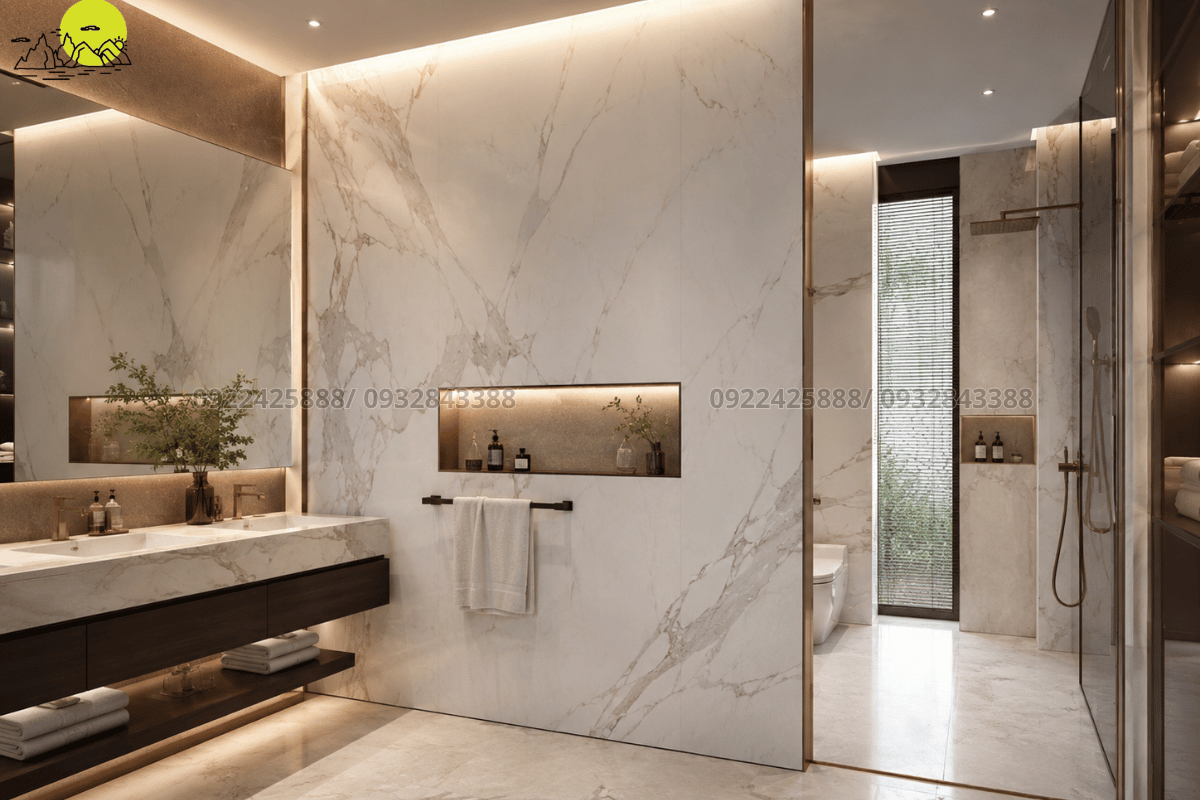 Thiết kế vách ngăn phòng tắm hiện đại sử dụng tấm đá nung kết khổ lớn mỏng nhẹ