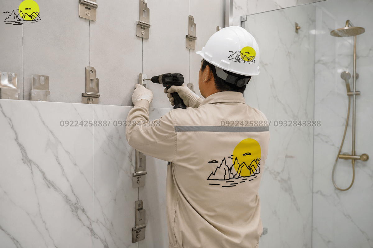 Thợ thi công tiến hành lắp đặt hệ ke móc inox treo đá vách dựng kiên cố an toàn