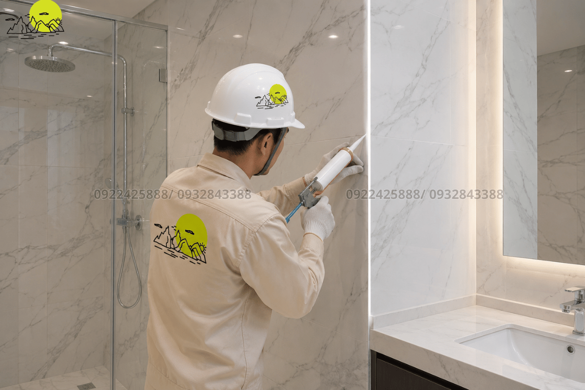 Công đoạn miết keo Epoxy kín khít mạch ron vách ngăn đá chống thấm nước