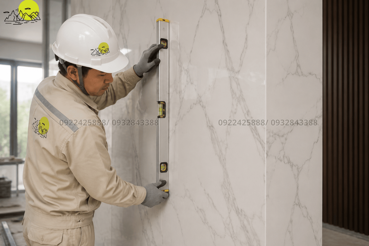 Chuyên viên giám sát đo đạc kiểm tra độ thẳng đứng của diện vách ngăn đá bằng thước nivo
