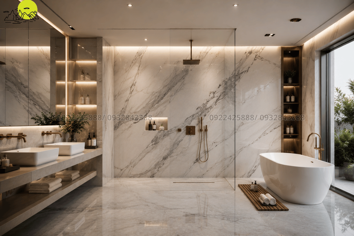 Nghiệm thu hoàn thiện hạng mục ốp tường nhà tắm và vách ngăn bằng đá nung kết tinh tế