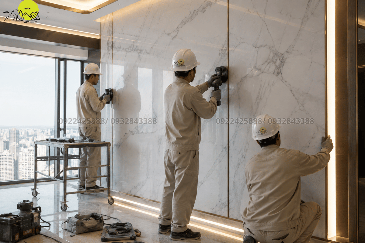 Toàn cảnh thi công vách tường đá nung kết vân mây cho căn hộ Penthouse xa hoa