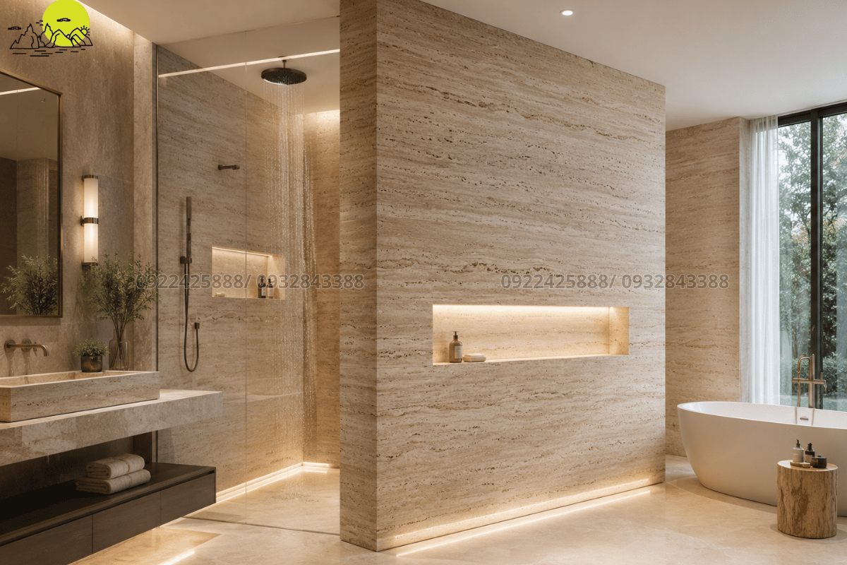 Kiến trúc phòng tắm độc đáo nhờ thi công ốp tường nhà tắm và vách ngăn đá Travertine tự nhiên