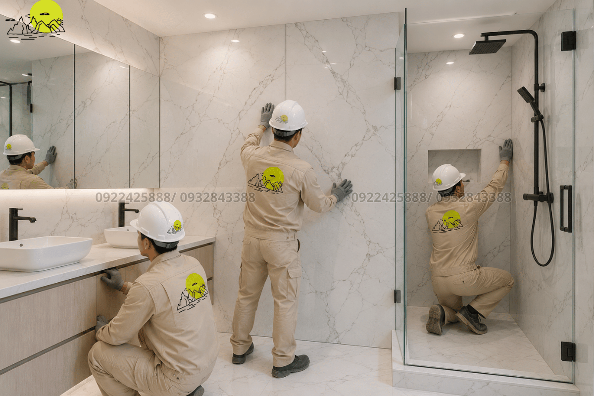 Hình ảnh thực tế mảng vách tường đá phòng tắm phản chiếu ánh sáng bóng gương lung linh