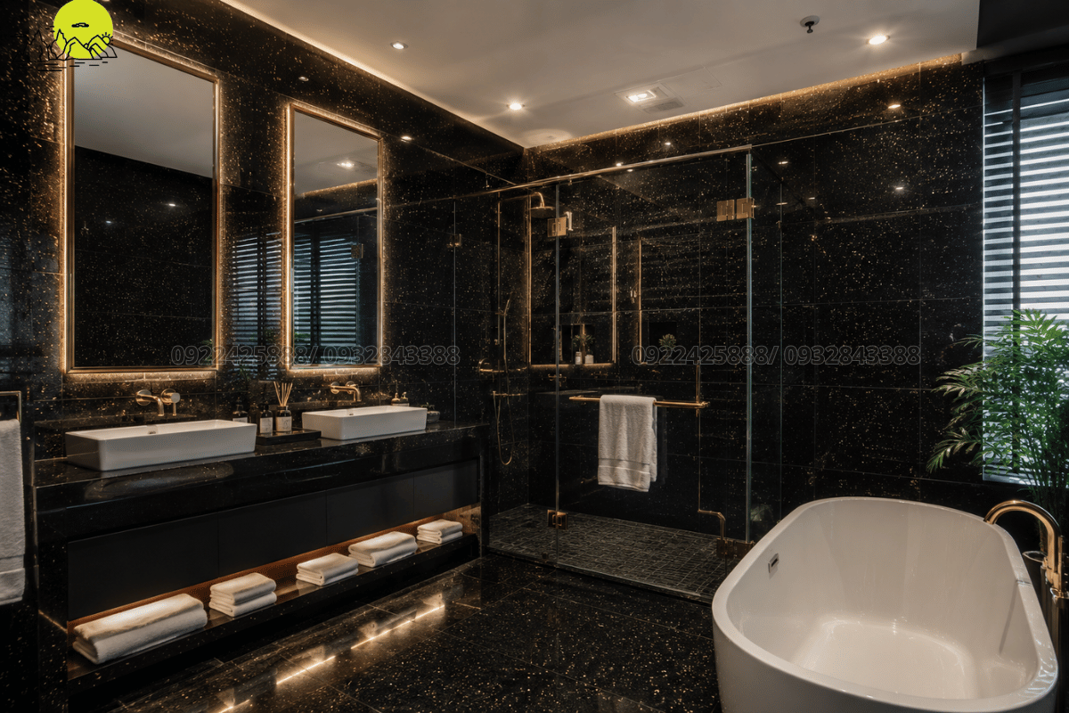Vẻ đẹp huyền bí, vững chãi của mảng tường tắm được ốp đá Granite đen kim sa cao cấp