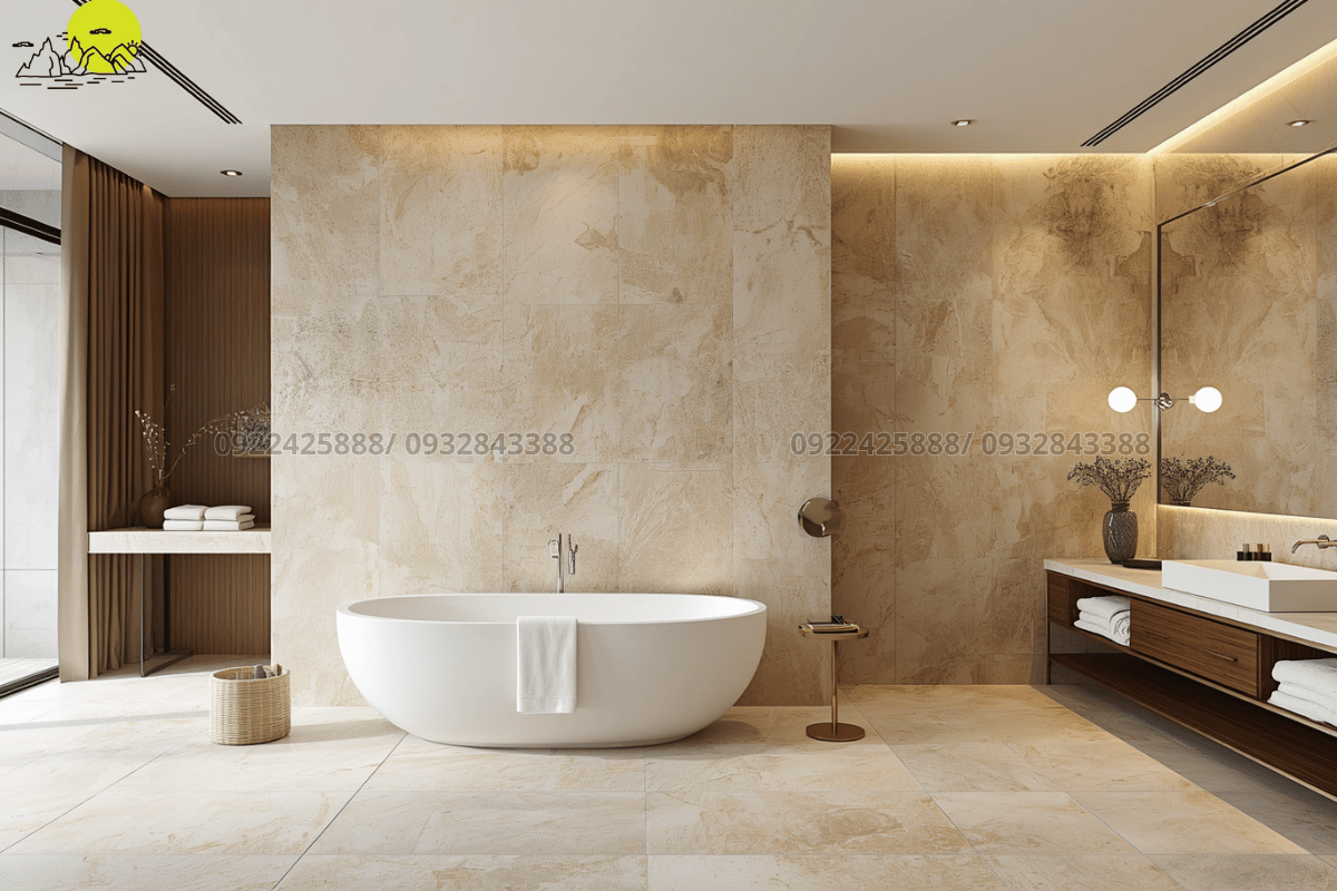 Cận cảnh mảng vách ngăn không gian vệ sinh bằng chất liệu đá Travertine sang quý