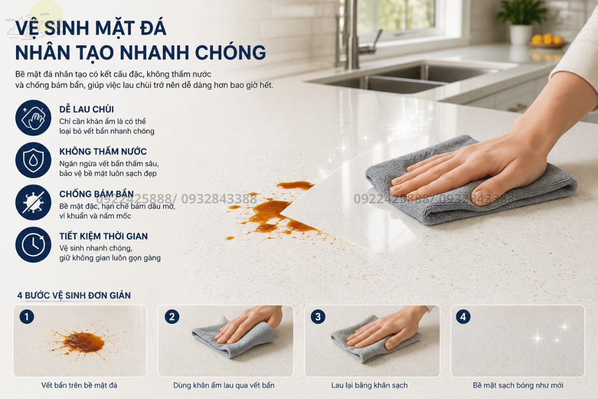 Vệ sinh bề mặt đá nhân tạo dễ dàng