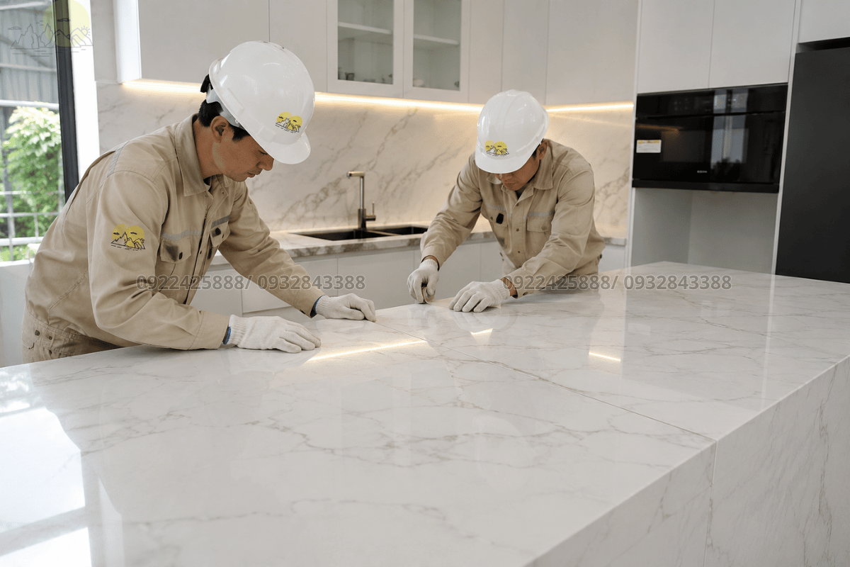 Thợ thi công đang ghép nối đá nhân tạo liền mạch