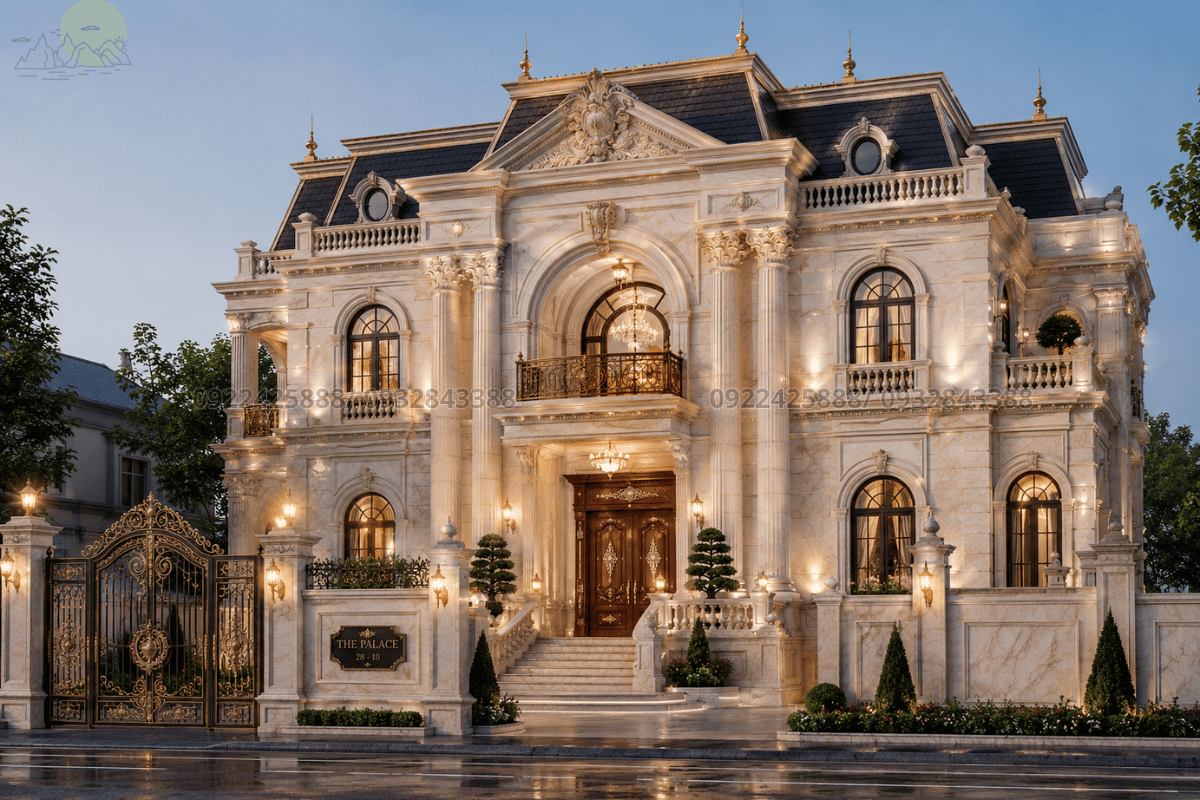 Mặt tiền biệt thự ốp đá tự nhiên nguyên khối