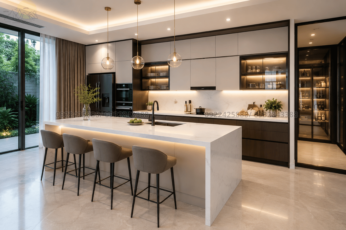 Không gian bếp hiện đại với bàn đảo đá nhân tạo