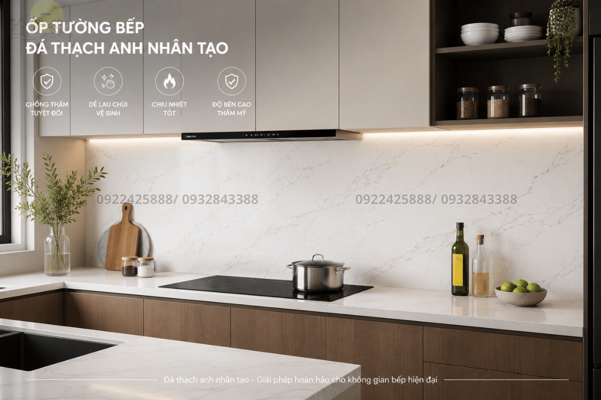 Ốp tường bếp bằng đá thạch anh nhân tạo sạch sẽ
