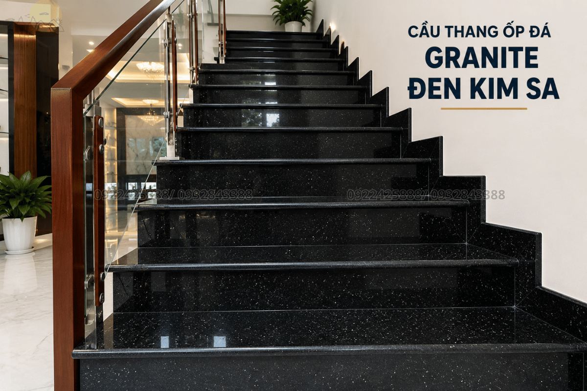 Cầu thang ốp đá Granite đen kim sa