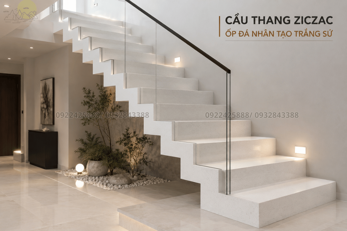 Cầu thang ziczac ốp đá nhân tạo trắng sứ