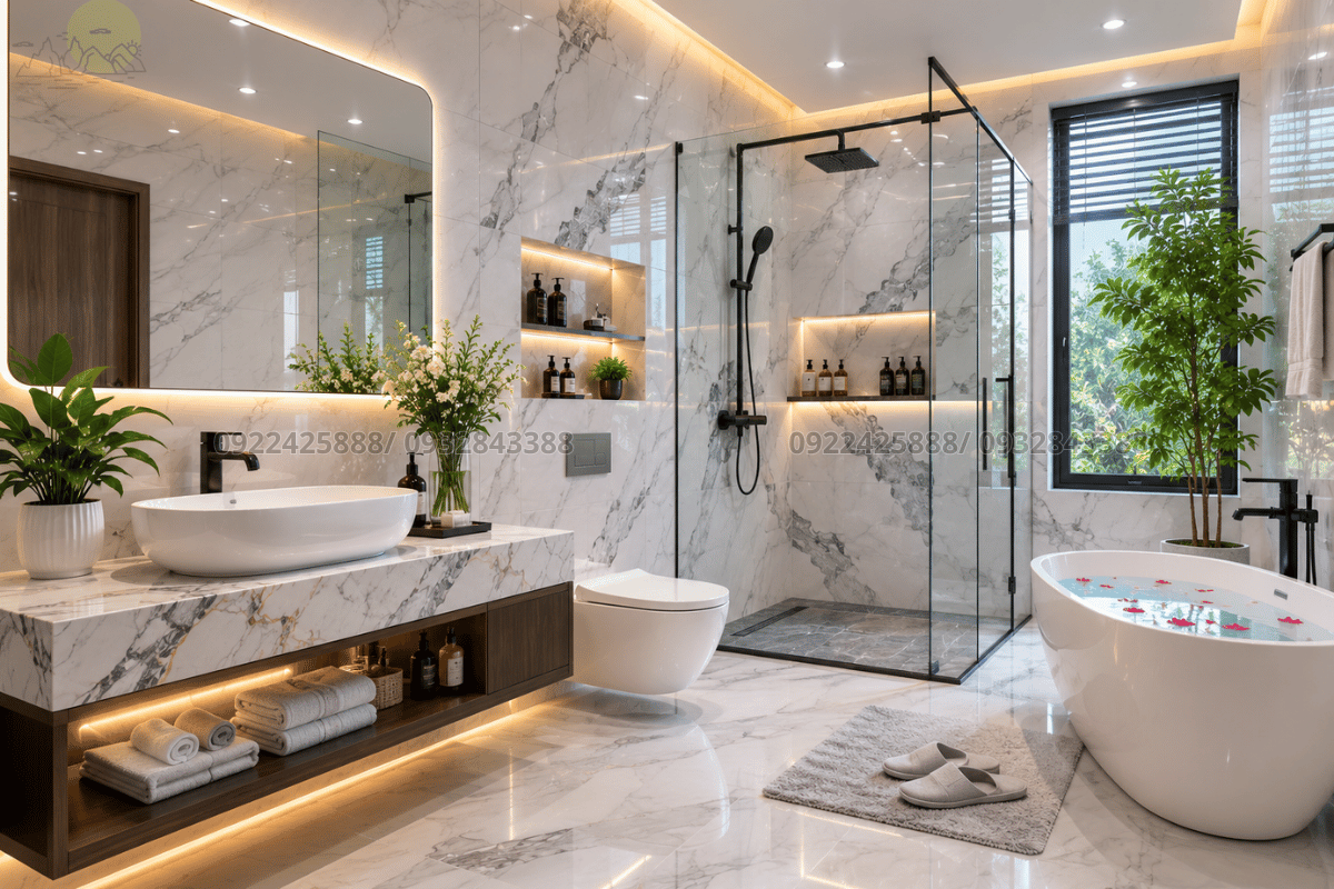 Ốp tường phòng tắm sang trọng bằng đá vân mây