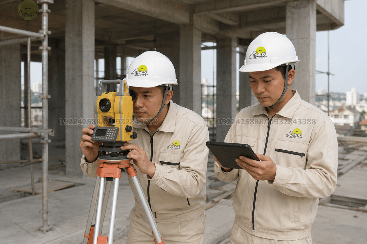 Thợ đo đạc khảo sát thực tế tại công trình
