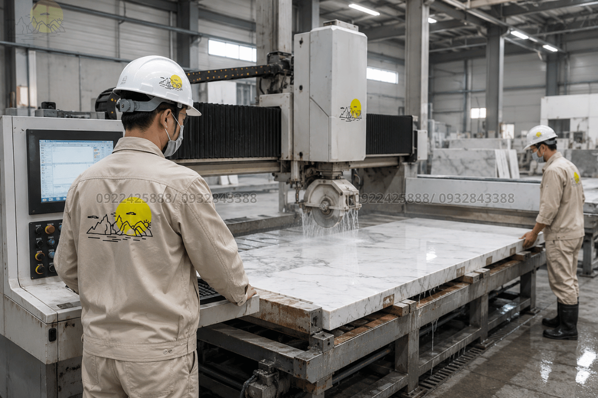 Gia công cắt đá bằng máy cắt CNC hiện đại tại xưởng