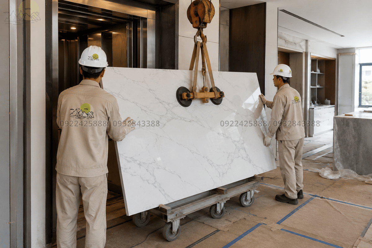 Vận chuyển và đưa đá lên vị trí lắp đặt an toàn