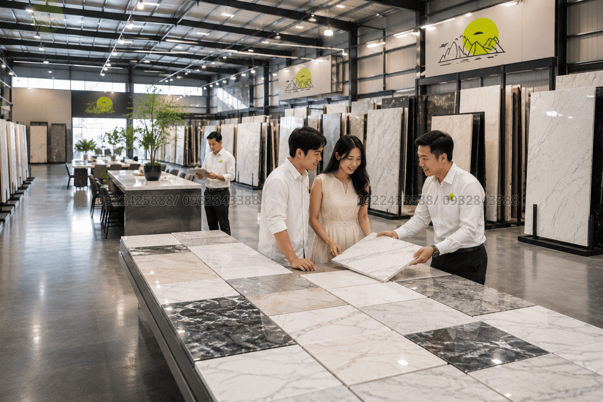 Trưng bày hàng trăm mẫu đá tại showroom Tổng Kho Đá