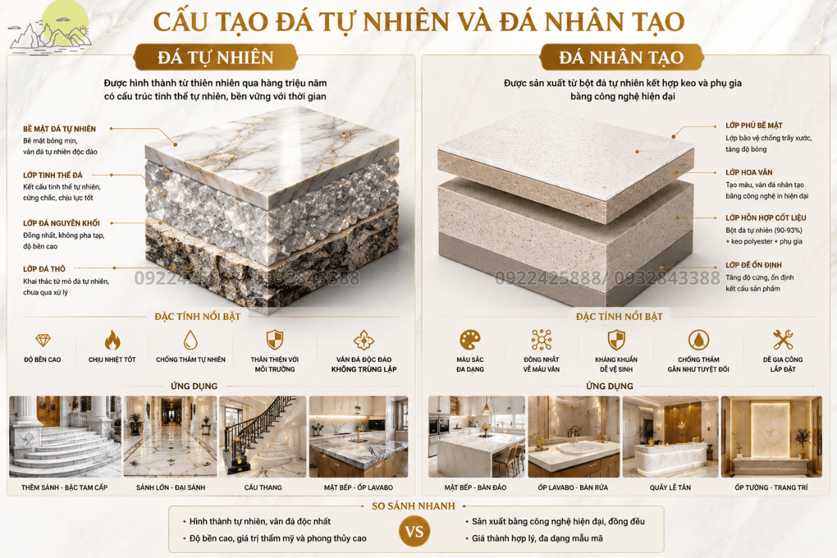 Cấu tạo của đá tự nhiên và đá nhân tạo