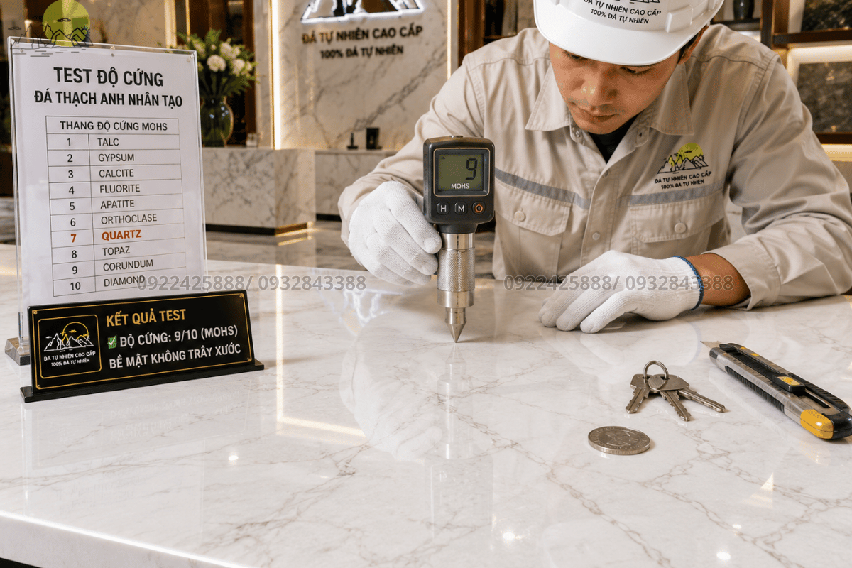 Test thử độ cứng trên bề mặt đá thạch anh nhân tạo
