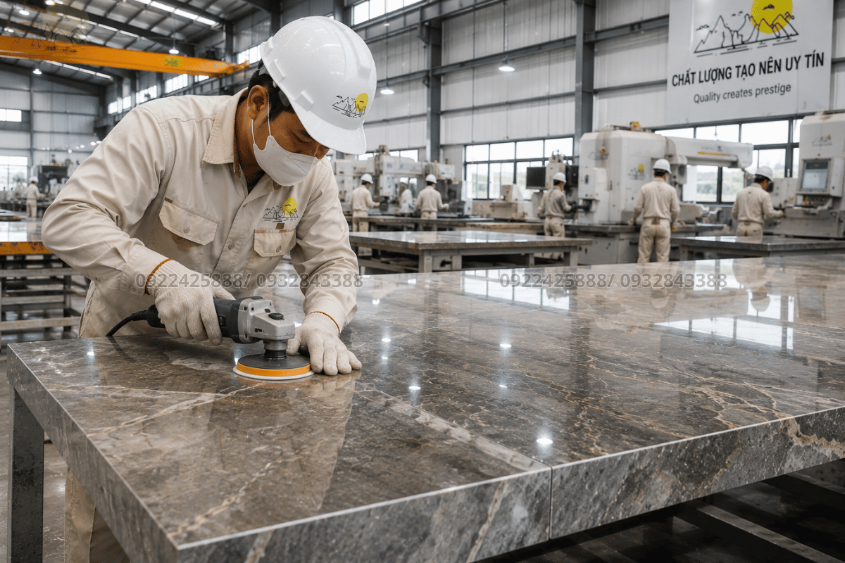 Thi công đá bàn bếp tại Hải Phòng - Xử lý mối nối dập mạch khít mịn bóng bẩy