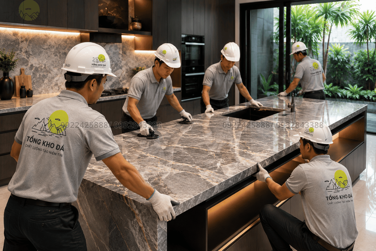 Thi công đá bàn bếp tại Hải Phòng - Đội ngũ thợ chuyên nghiệp làm việc tận tâm tại công trình