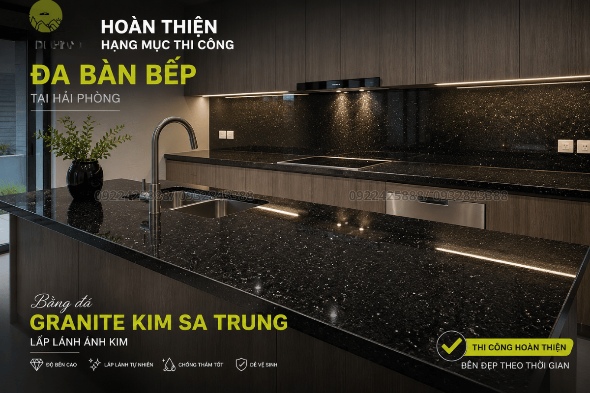 Thi công đá bàn bếp tại Hải Phòng - Lắp đặt mặt bếp đá Granite Kim Sa sang trọng