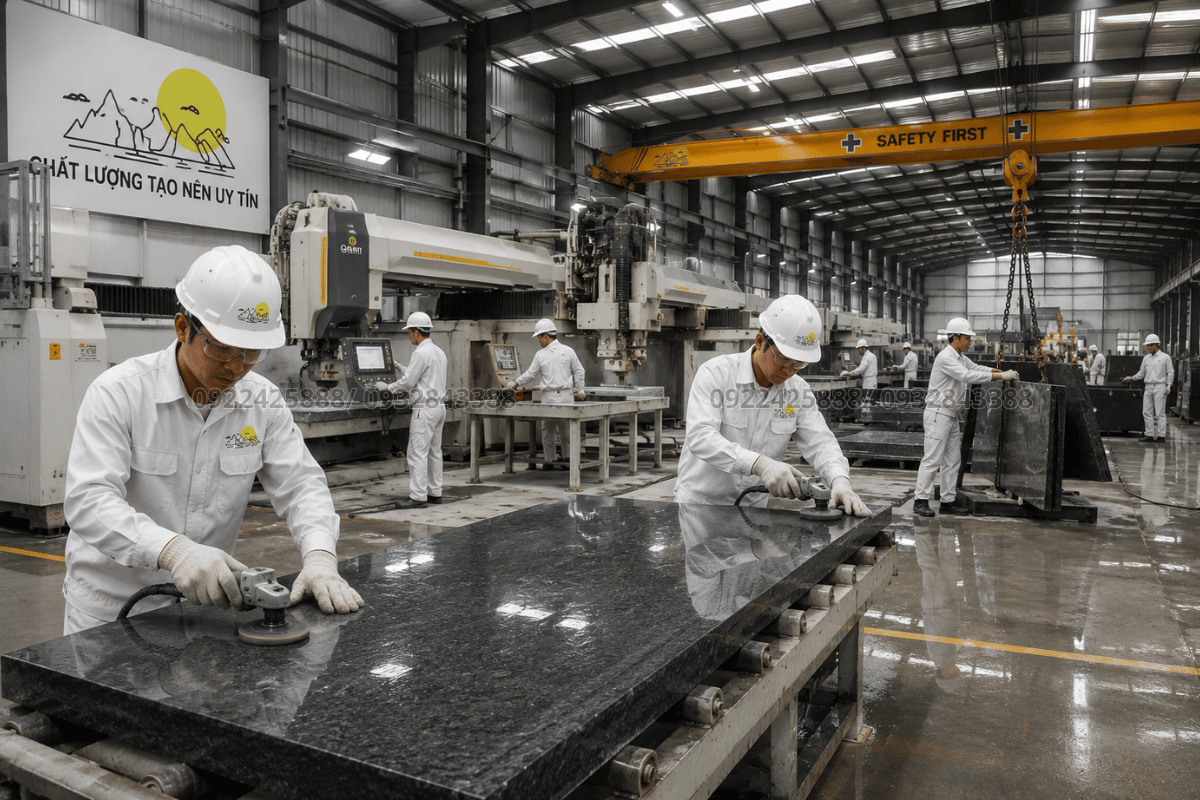 Thợ đá lành nghề đang bo vát cạnh mập mép cho tấm đá Granite Đen Ấn Độ tại xưởng