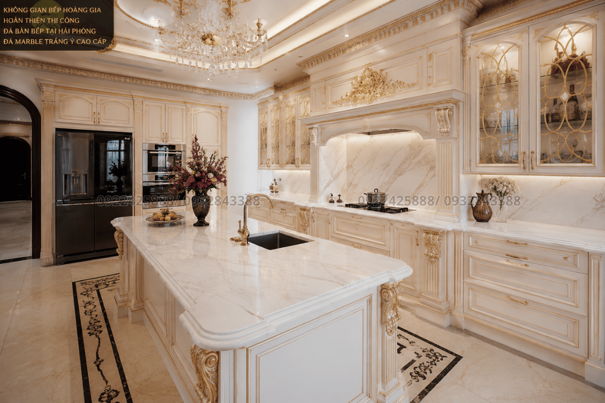 Thi công đá bàn bếp tại Hải Phòng - Mặt bếp đá Marble Trắng Ý đẳng cấp biệt thự