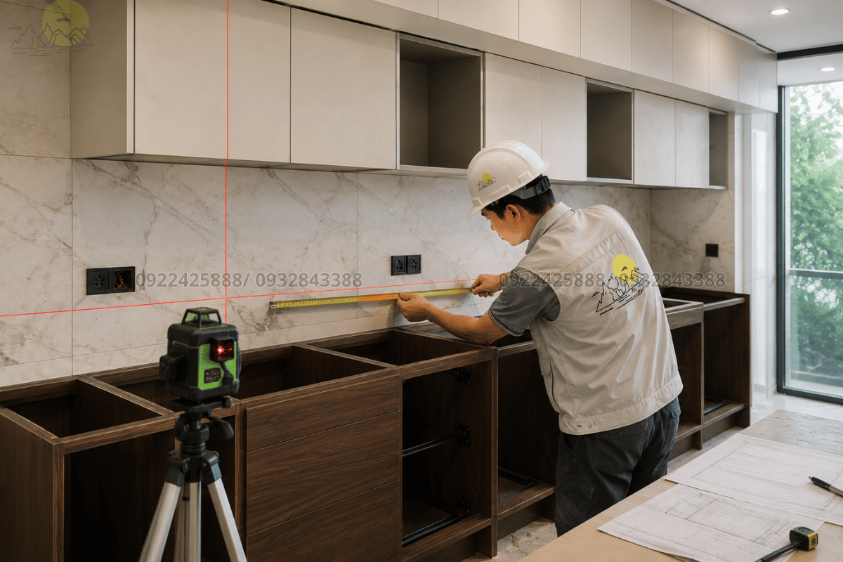 Kỹ thuật viên đang cẩn thận dùng máy đo đạc lấy dưỡng tủ bếp tại công trình ở quận Hồng Bàng