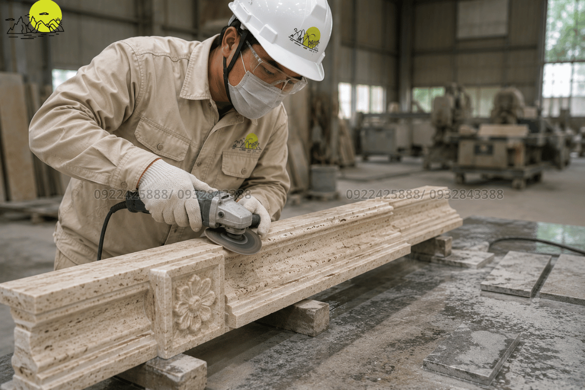 Quá trình mài mòi góc phào chỉ hoa văn gia công từ phôi đá Travertine tự nhiên