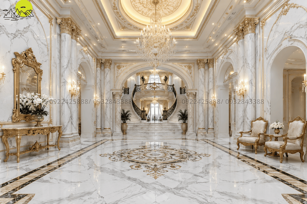 Không gian sảnh đón hoàng gia lộng lẫy sử dụng đá Marble trắng Ý phối đối vân Bookmatch
