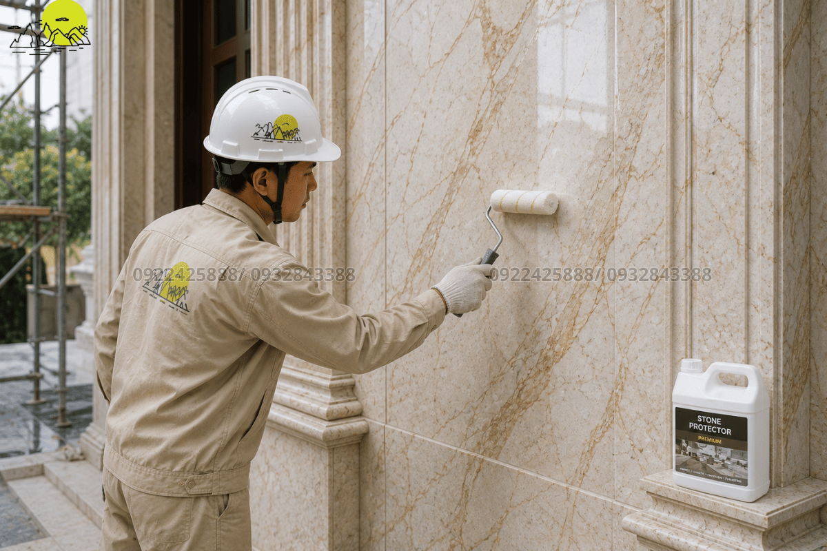 Thợ kỹ thuật tỉ mỉ lăn hóa chất chống thấm chuyên dụng 6 mặt cho đá Marble tự nhiên