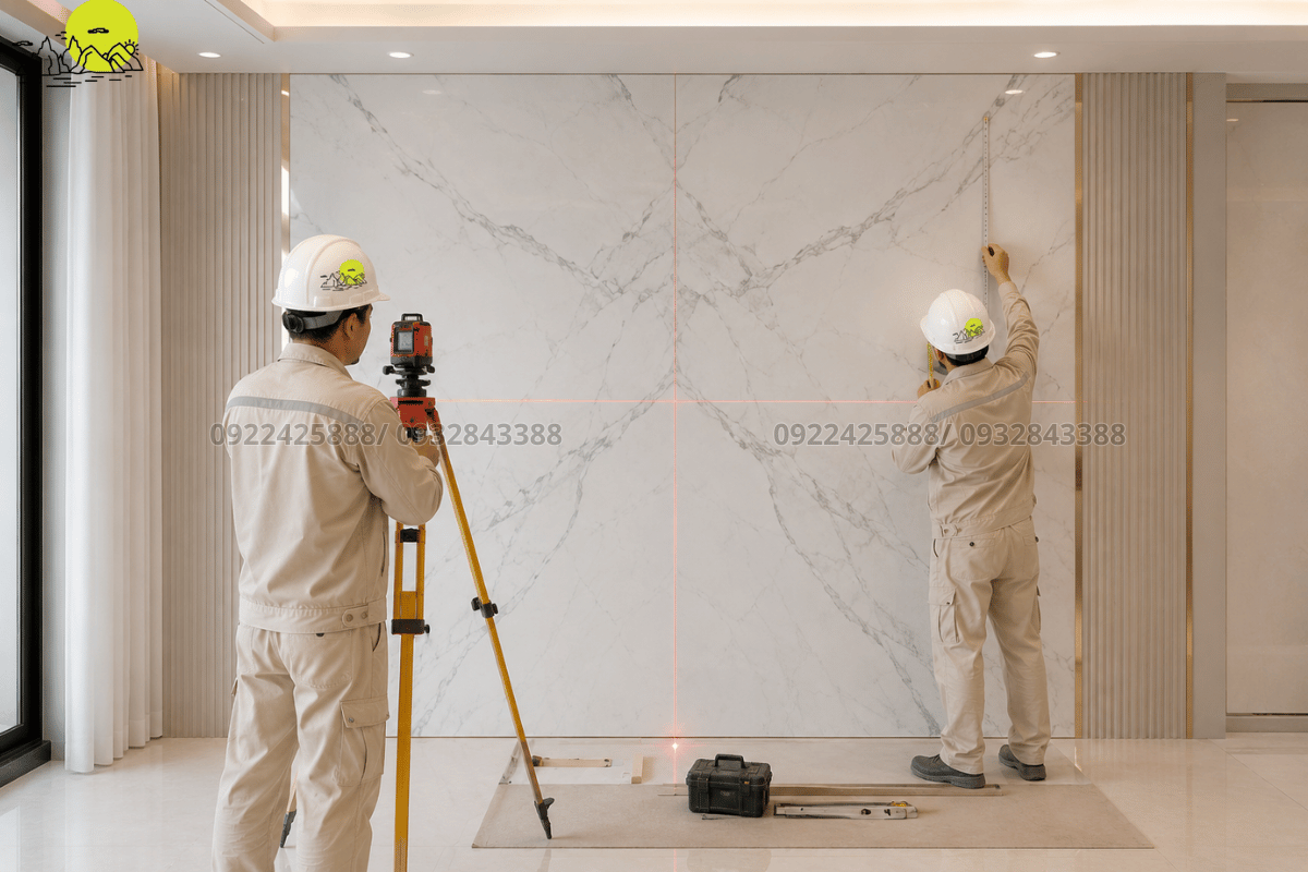 Đội ngũ thợ đá dùng máy laser căn chỉnh tim trục định vị mảng tranh đá đối vân