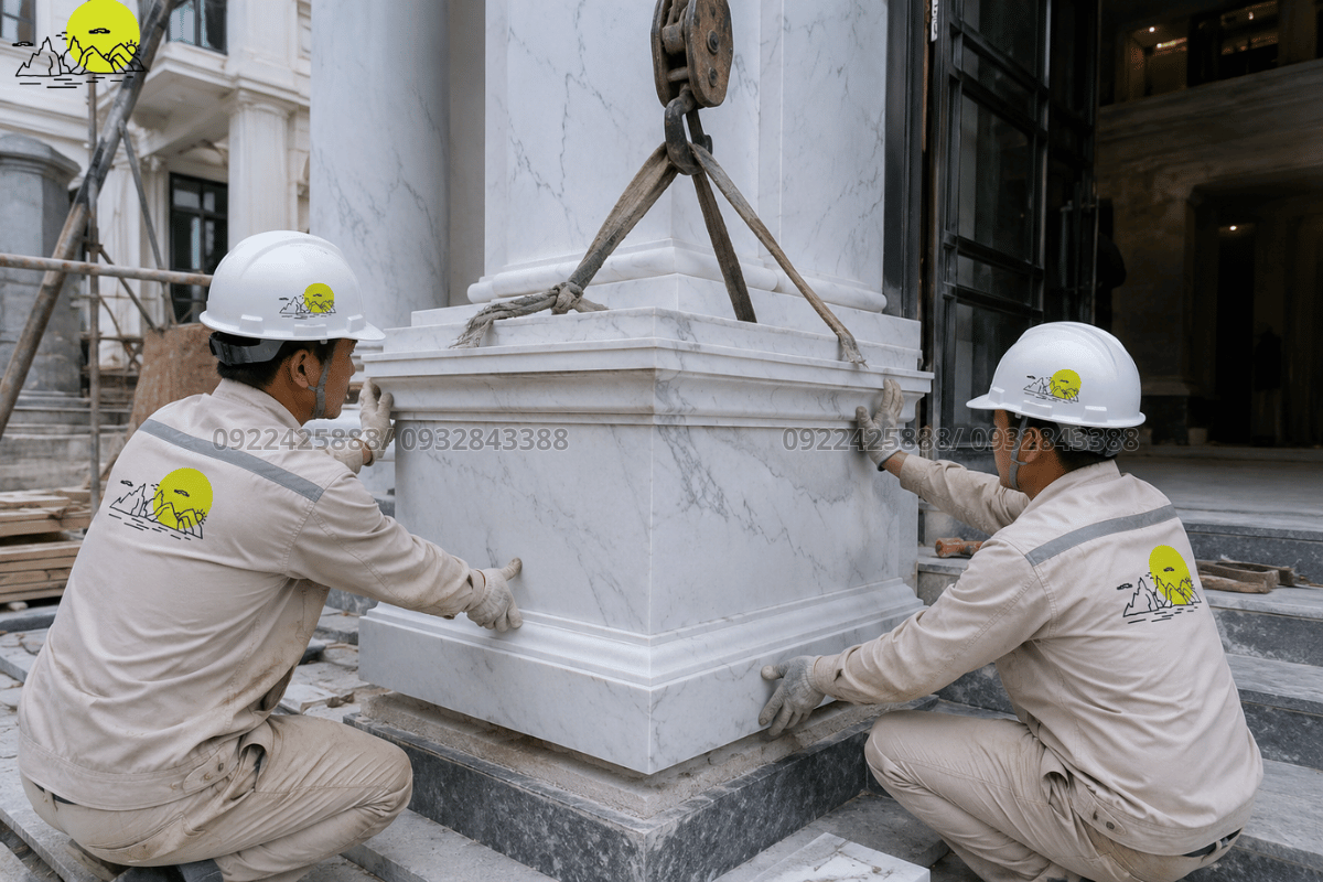 Công đoạn cẩu kéo lắp ráp khối đá chân đế cột trụ tròn tiền sảnh kiên cố an toàn
