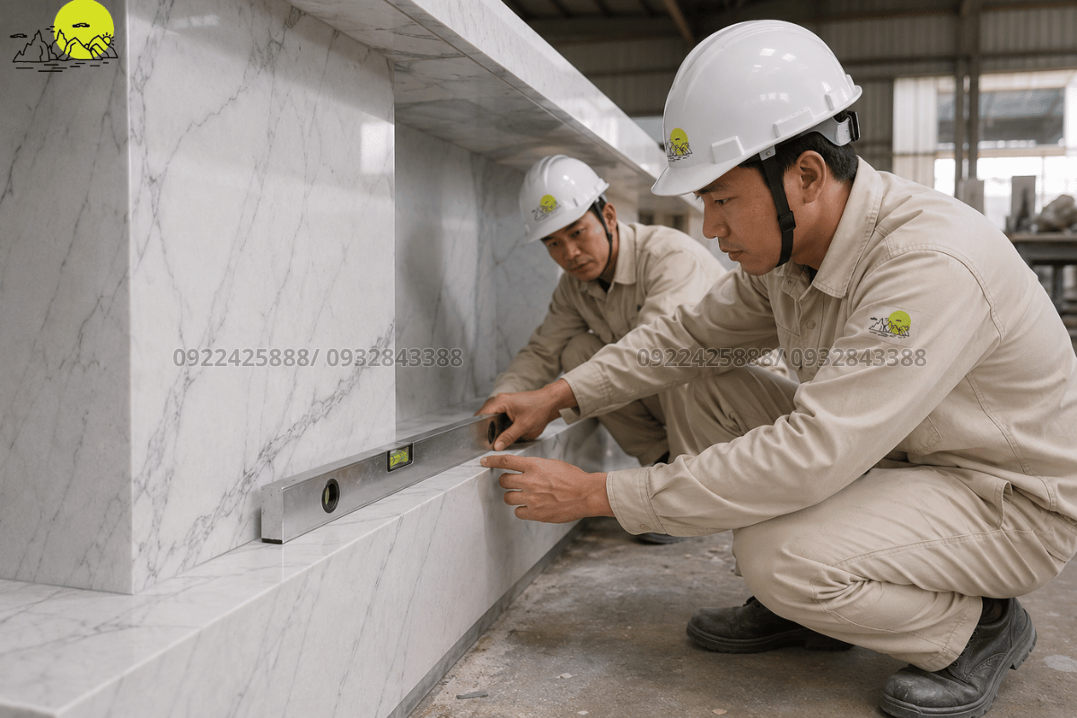 Chuyên viên kỹ thuật kiểm tra độ phẳng mạch tiếp giáp giữa khối đá chân đế và sàn nền
