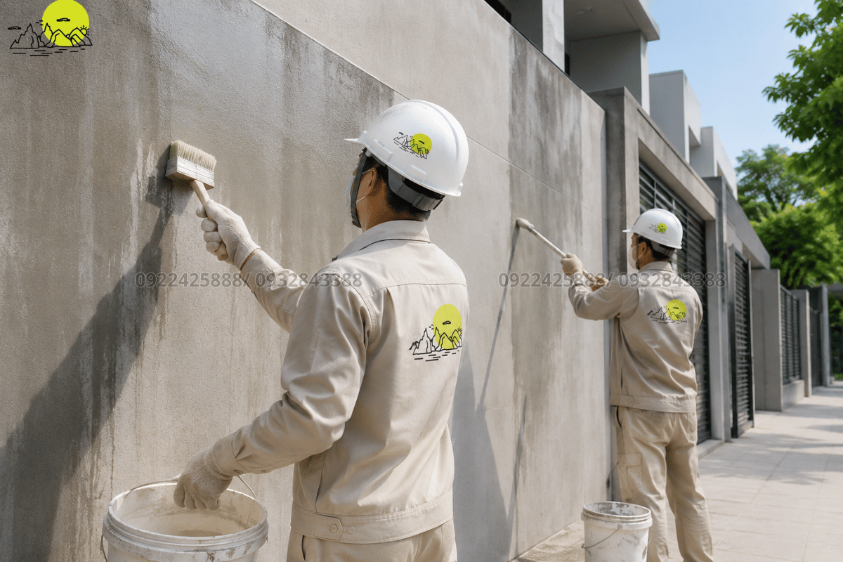 Công đoạn quét hóa chất chống thấm chuyên dụng cho cốt tường thô mặt tiền trước khi ốp đá