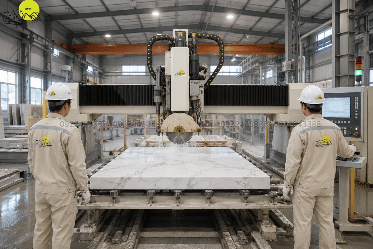 Công nghệ máy cắt CNC tia nước tự động gia công định hình tấm đá mặt dựng tại nhà xưởng