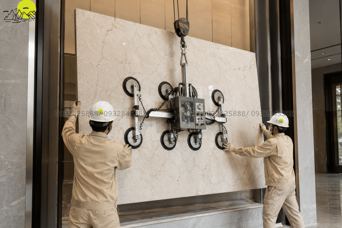Thợ thi công dùng giác hút kính chuyên dụng khiêng lắp tấm đá Granite lớn lên vách sảnh dựng