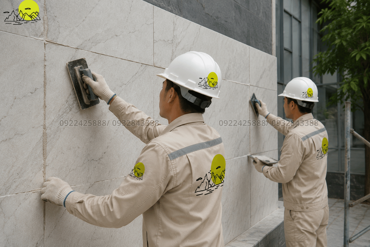 Công đoạn miết keo Epoxy kín khít đường mạch ron vách đá mặt tiền chống thấm nước mưa