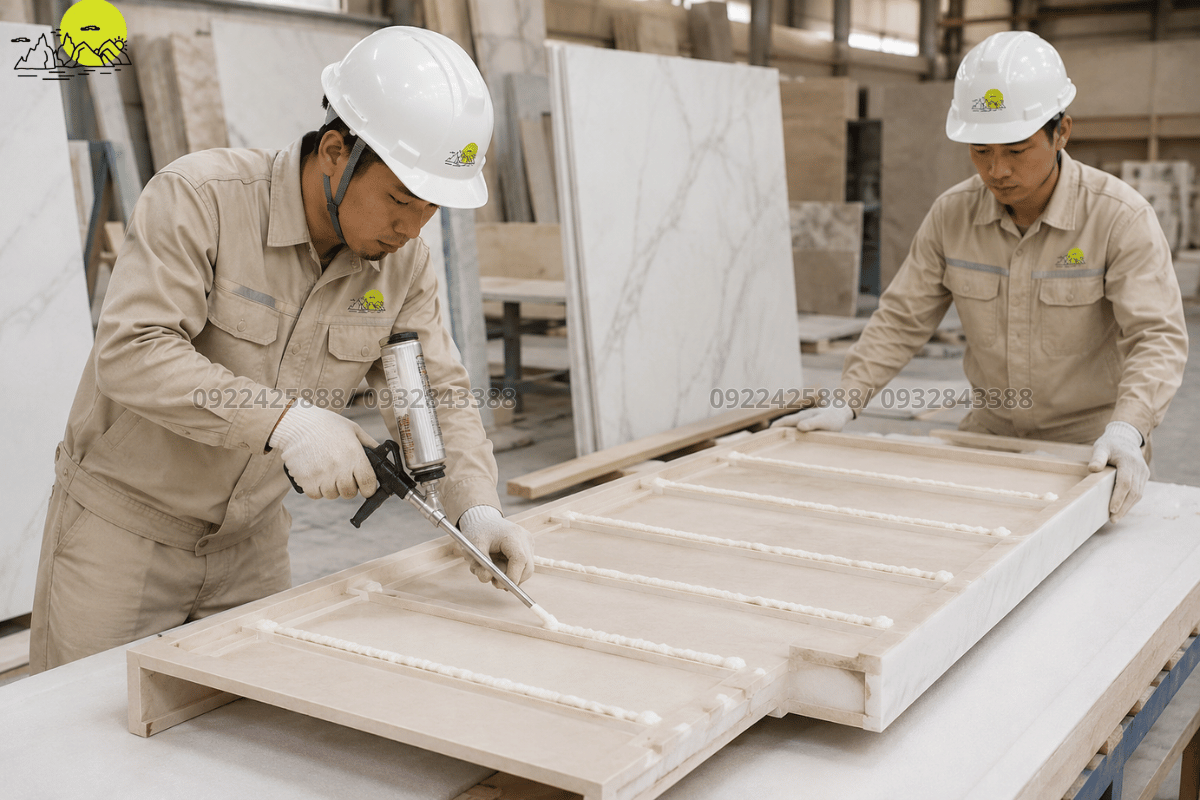 Kỹ thuật viên tiến hành bơm keo bọt định vị cố định mặt sau tấm phào chỉ chân cột đá