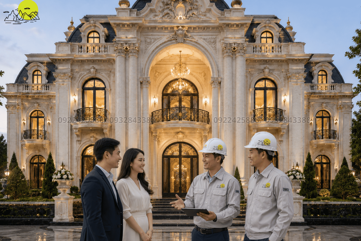 Nghiệm thu bàn giao mặt tiền sảnh đón biệt thự ốp đá tự nhiên lộng lẫy đúng tiến độ cam kết
