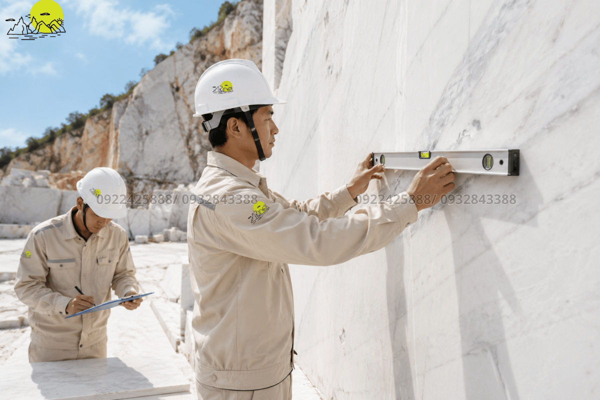 Chuyên viên kỹ thuật tiến hành nghiệm thu đo đạc độ chuẩn phẳng bề mặt mạch liên kết tường đá bằng thước nivo chuyên dụng