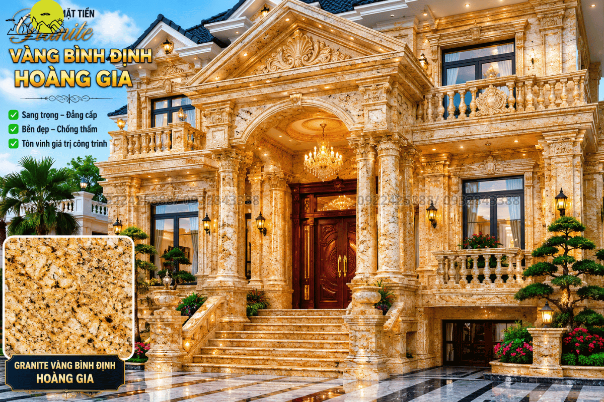 ặt tiền sảnh đón biệt thự sử dụng đá Granite vàng hoàng gia băm quy cách kiên cố
