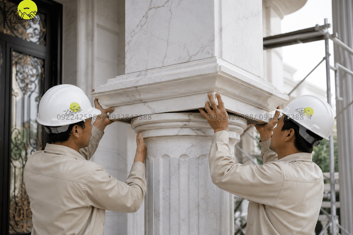 Đội ngũ thợ đá tay nghề cao đang khiêng lắp ráp thỏi phào chỉ hoa văn đầu cột tròn đại sảnh biệt thự