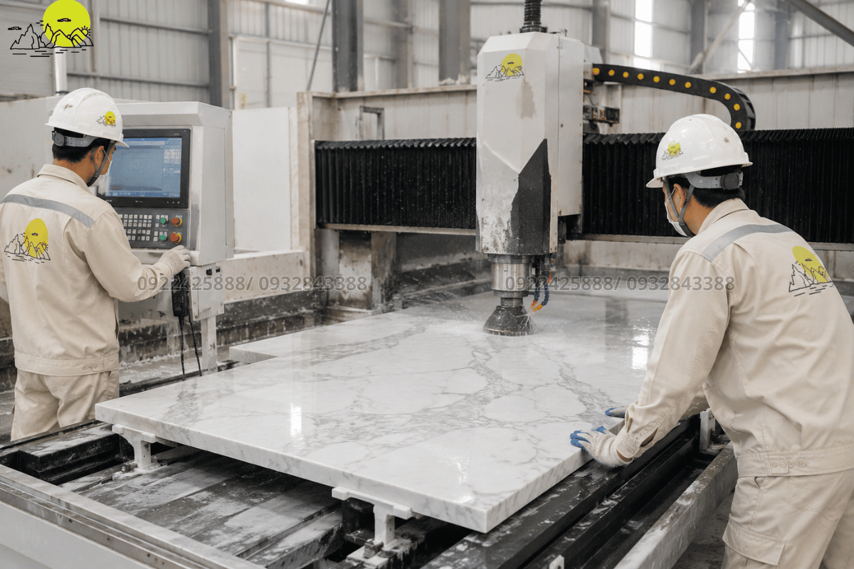 Đội ngũ thợ tay nghề cao vận hành máy cắt CNC gia công phôi đá ốp sảnh dựng đứng