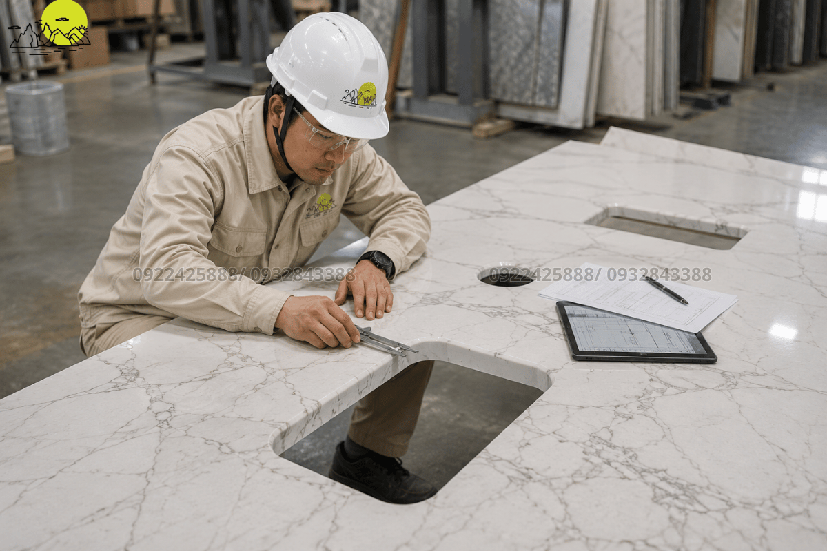 Kỹ thuật viên đo đạc đục lỗ kỹ thuật luồn đèn hắt tường trên tấm vách đá nung kết