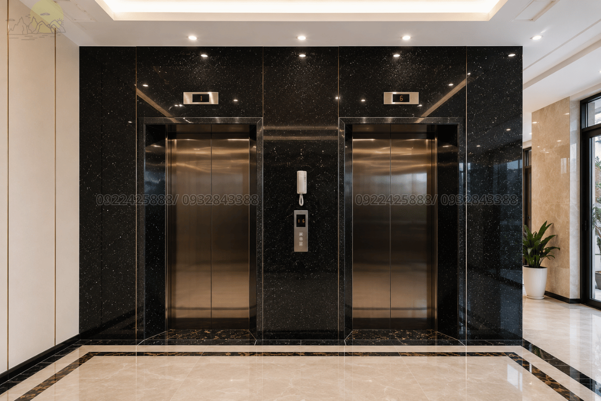 Không gian sảnh chờ thang máy văn phòng ốp đá granite xám